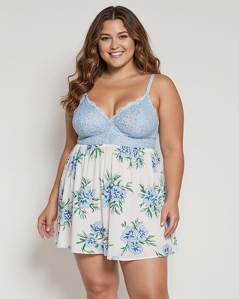 Plus Size Floral Babydoll Chemise with Lace Top and Floral Skirt