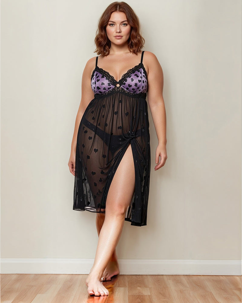 Plus Size Heart Sheer Lace Mid-Dress, Black babydoll with heart pattern and purple satin bra