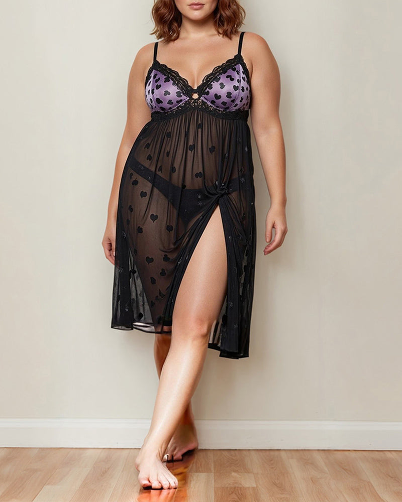 Plus Size Heart Sheer Lace Mid-Dress in black with purple bra, perfect for sleep and movement