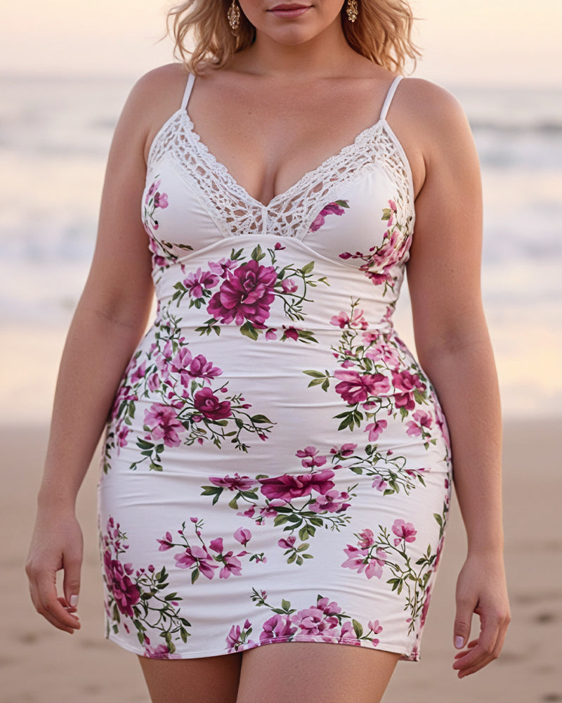 Plus Size Floral Chemise with Lace Patchwork, White with Pink Floral Print