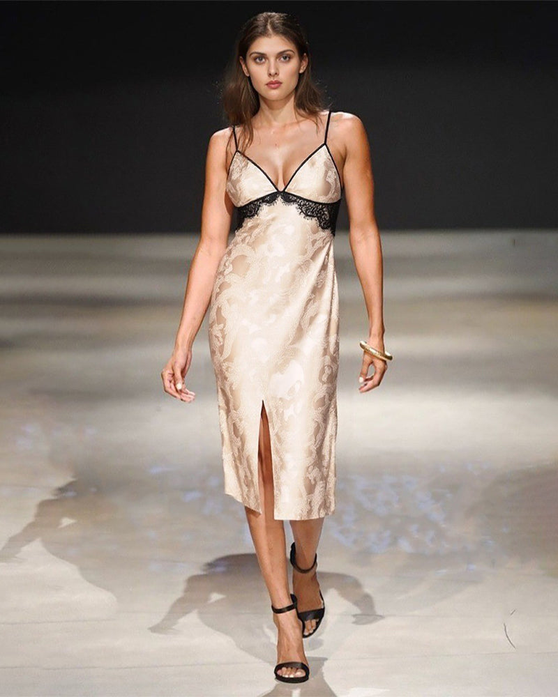 Beige Butterfly Jacquard Slip Dress with black lace trim, a sensual and elegant choice for women.