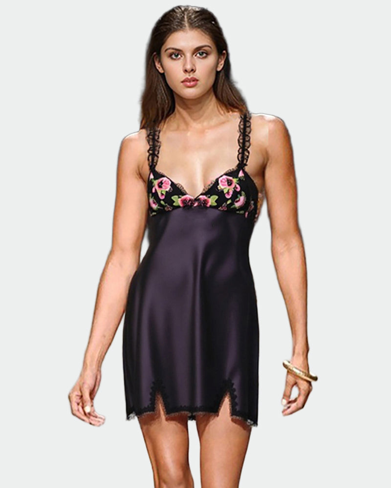 Avidlove Love Garden Slip Dress in dark purple satin with floral lace details and adjustable straps