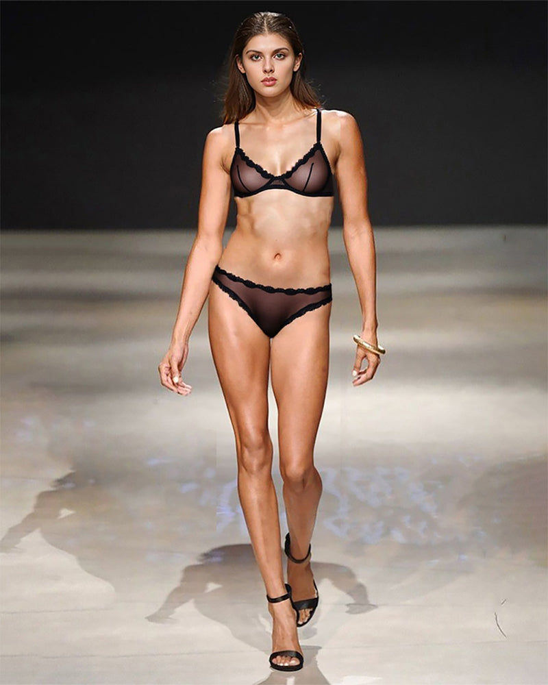 Black sheer tulle demi bra and panty set with lace trim, a sexy lingerie set for women