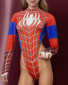 Spider Long Sleeve Bodysuit: Red spiderweb design, blue accents. Ideal for cosplay or themed events.