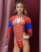 Spider Long Sleeve Bodysuit: Red spiderweb, blue accents, cosplay costume.