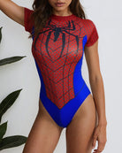 Spider Logo Bodysuit, red and blue cosplay outfit with spider design, short sleeves and comfortable.