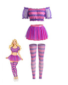 3-piece striped crop top, tutu skirt, and striped stockings set in purple and pink