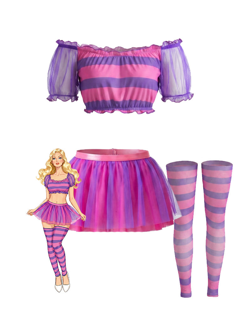 3-piece striped crop top and tutu skirt with striped stockings set in purple-pink