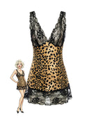 Leopard print lace chemise nightgown with sheer V-neck and black lace trim