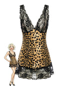 Leopard print lace chemise with sheer V-neck, scalloped black lace hem and straps
