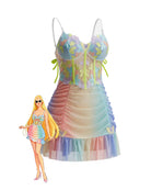 Rainbow floral lace babydoll mini dress with ruffled hem and bow straps
