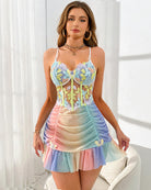 Floral lace babydoll mini dress with spaghetti straps and pastel ruched ruffle hem