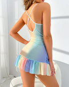 Babydoll mini dress with strappy open back and pastel ruffled hem