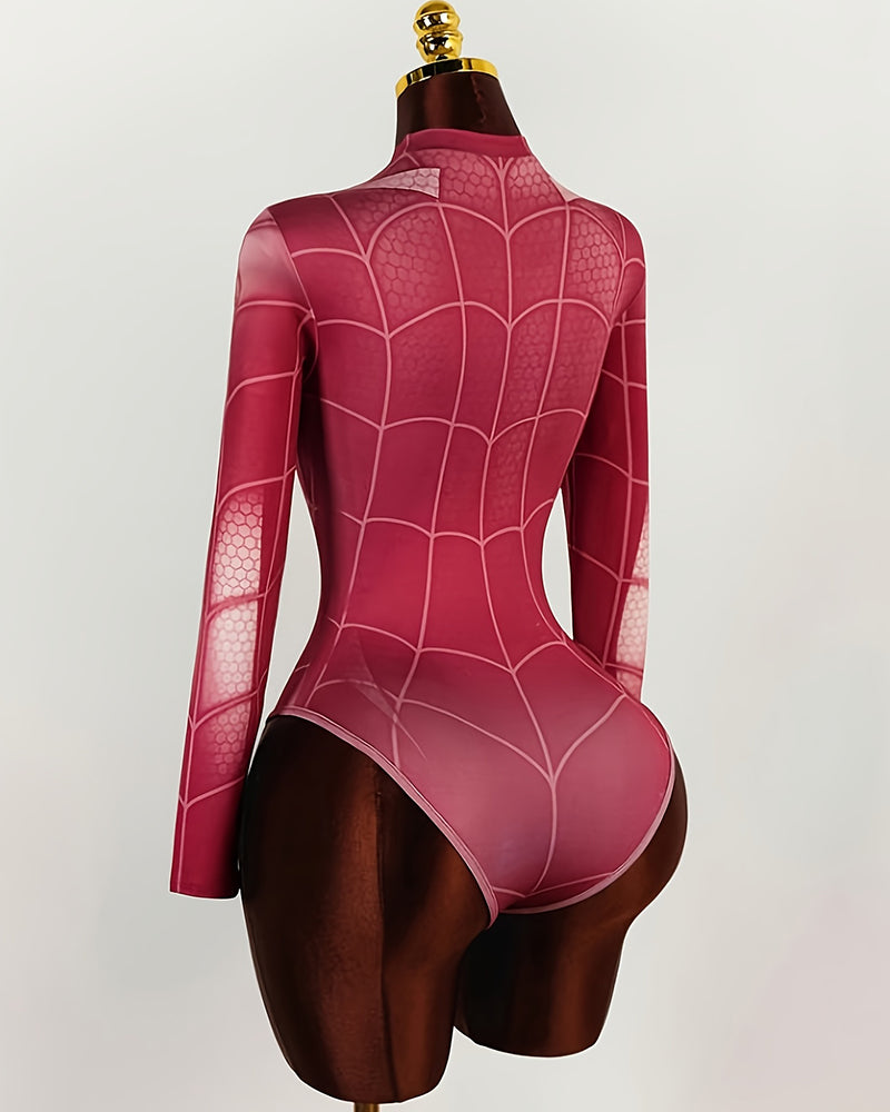 Magenta spiderweb bodysuit with long sleeves, back view, and white web pattern
