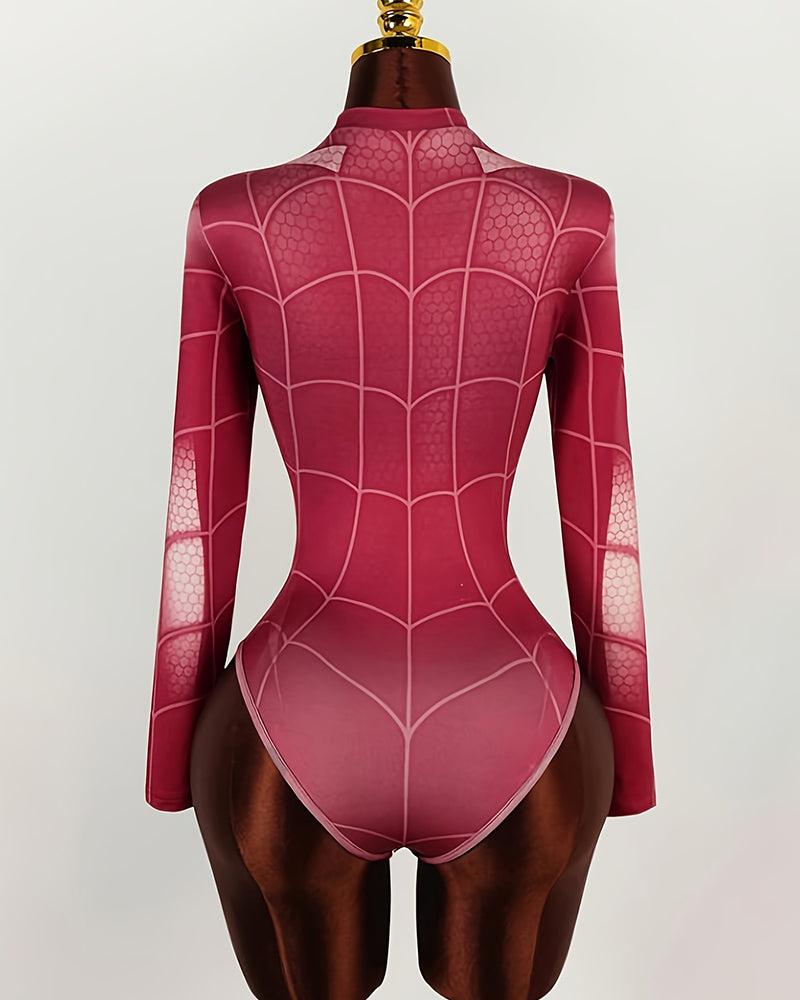 Magenta spiderweb bodysuit with long sleeves, back view, and white web lines