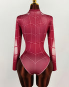 Pink spider web long-sleeve bodysuit back, featuring white web lines and high-leg cut.