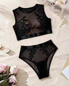 Floral Embroidery Mesh Bra and Panty Lingerie Set