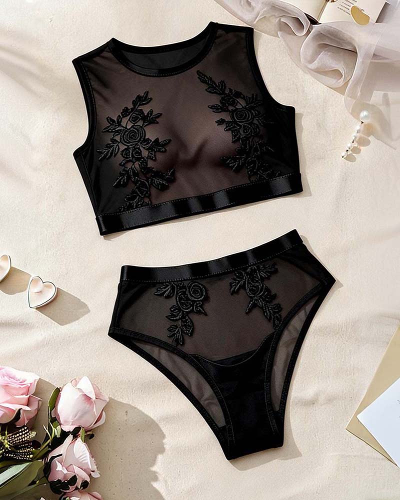 Floral Embroidery Mesh Bra and Panty Lingerie Set