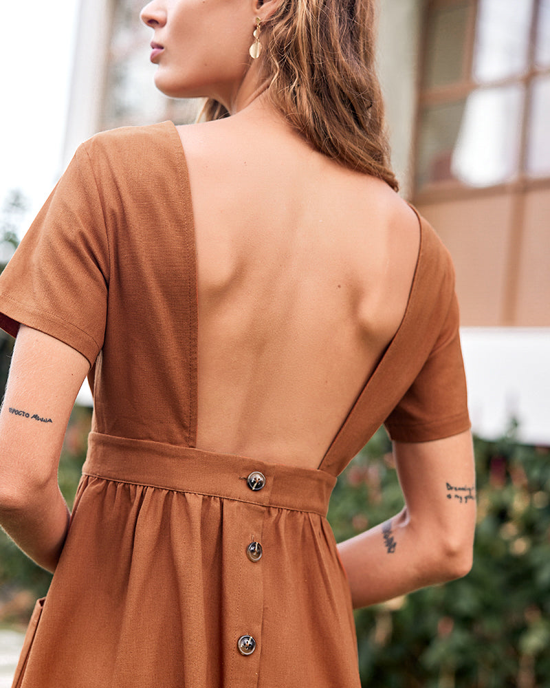 Brown Open Back Button Midi Dress with open back and button detail. Casual linen and cotton dress.