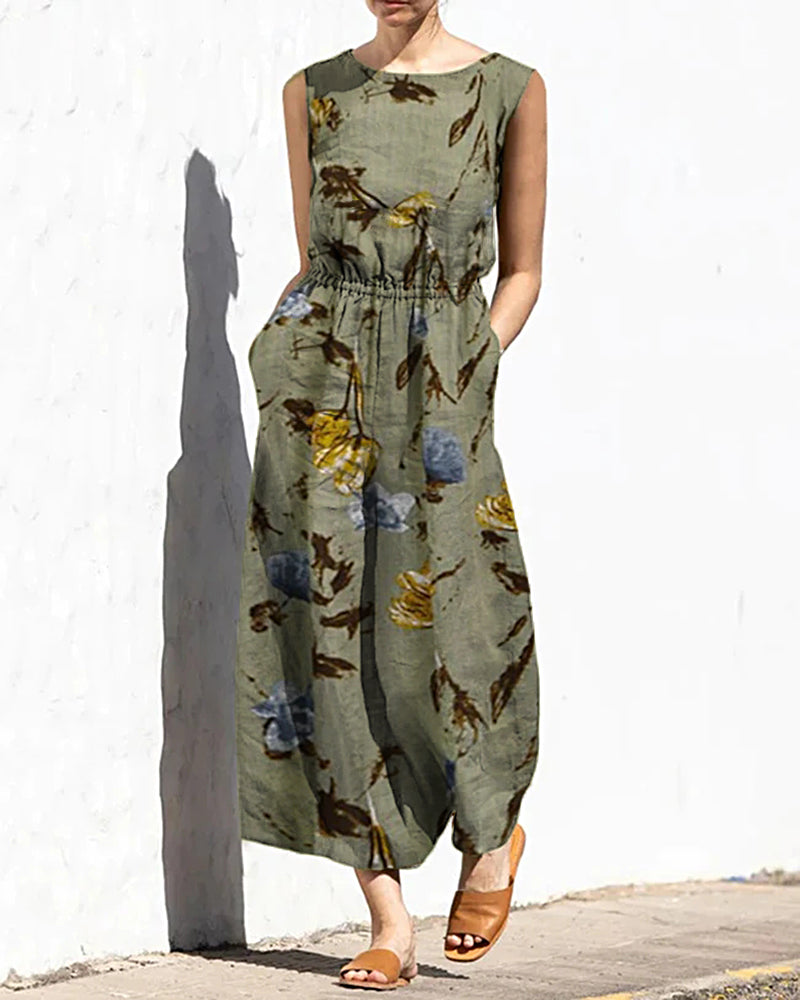 Olive green floral print elastic waist jumpsuit, casual style, perfect for leisure and daily wear