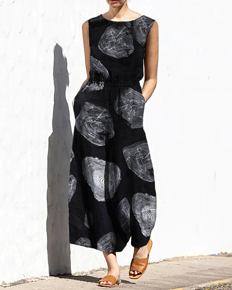 Black printed elastic waist jumpsuit, casual style, perfect for leisure and daily wear