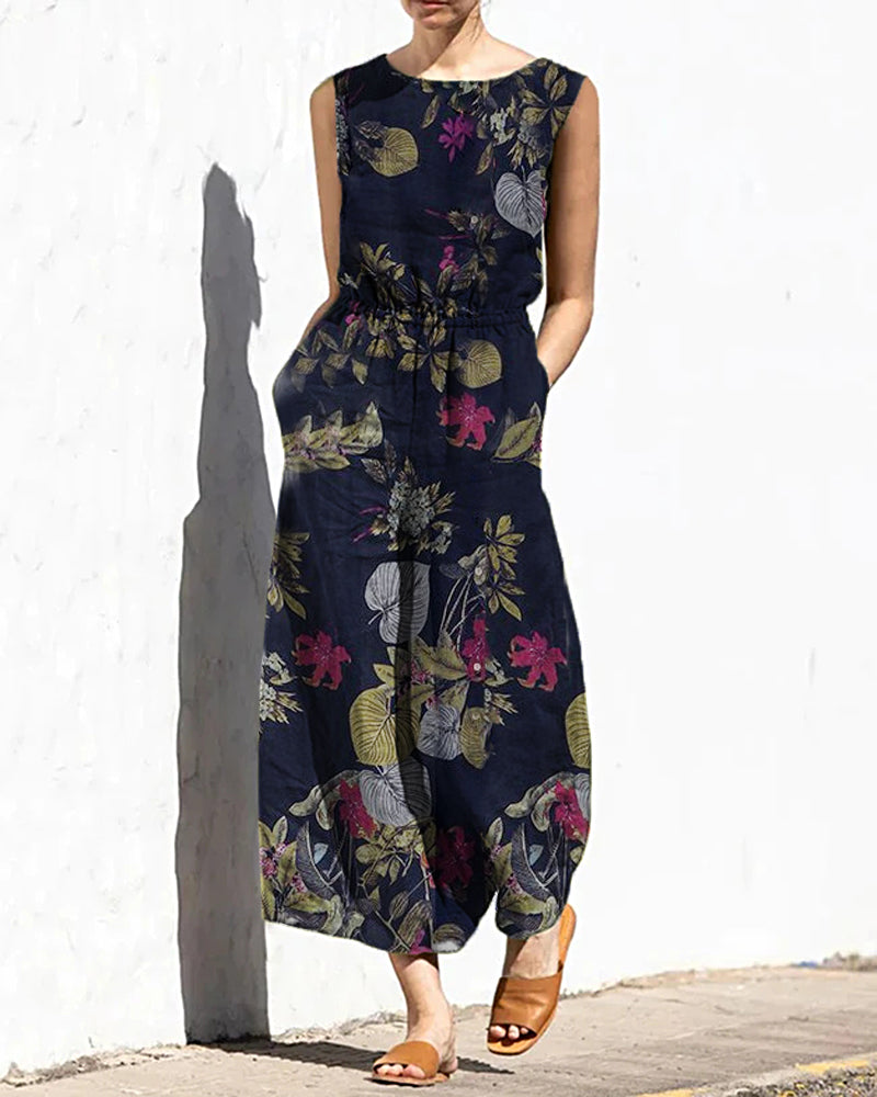 Navy floral print wide leg long jumpsuit with elastic waist, perfect for casual wear