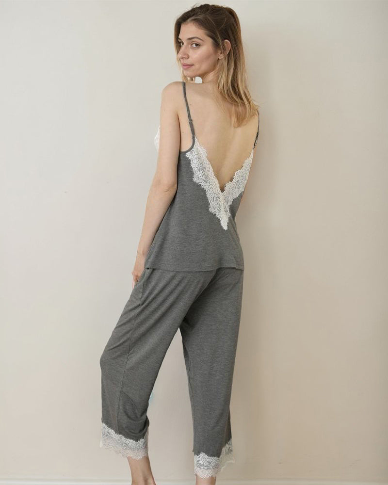 Gray camisole pajama set with white lace details, comfortable loungewear for women