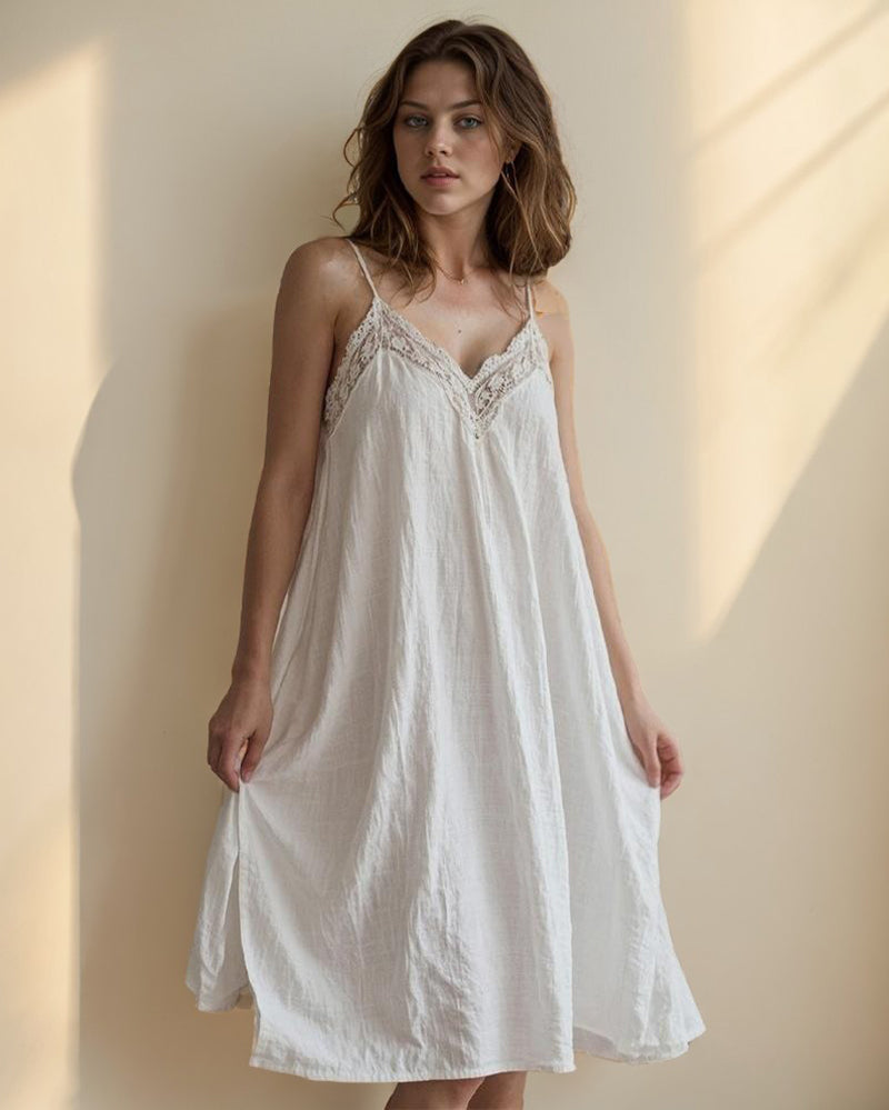 White cotton linen nightdress with lace detailing, perfect for a comfortable and stylish night.