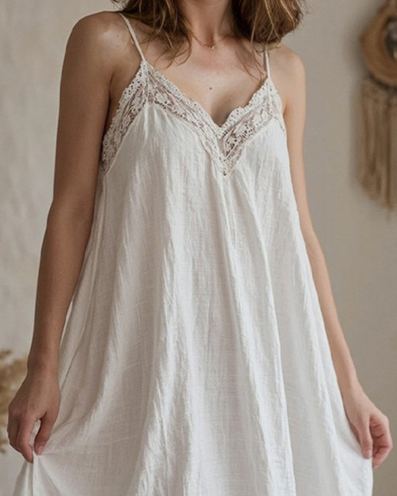 White cotton linen nightdress with lace detailing, perfect for comfortable and stylish sleepwear.