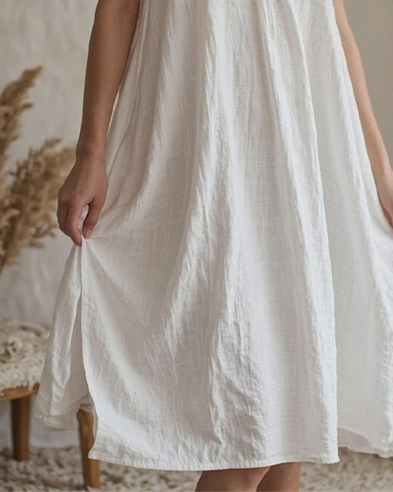 White cotton linen nightdress with side slit, perfect for comfortable sleepwear
