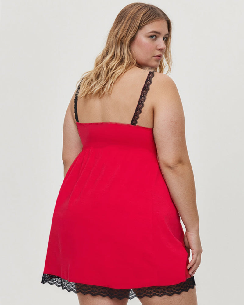Plus size red chemise with black lace trim, comfortable and sexy sleepwear for women.