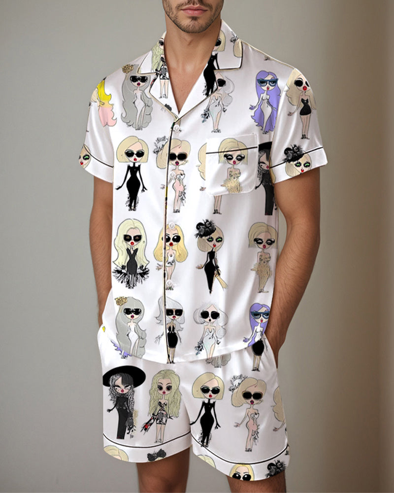Men's satin pajama set with doll print. Comfortable short-sleeved shirt and shorts. Silk fabric.