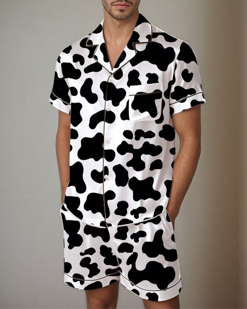 Men's cow print satin pajama set. Comfortable short-sleeved shirt and shorts. Silk fabric.