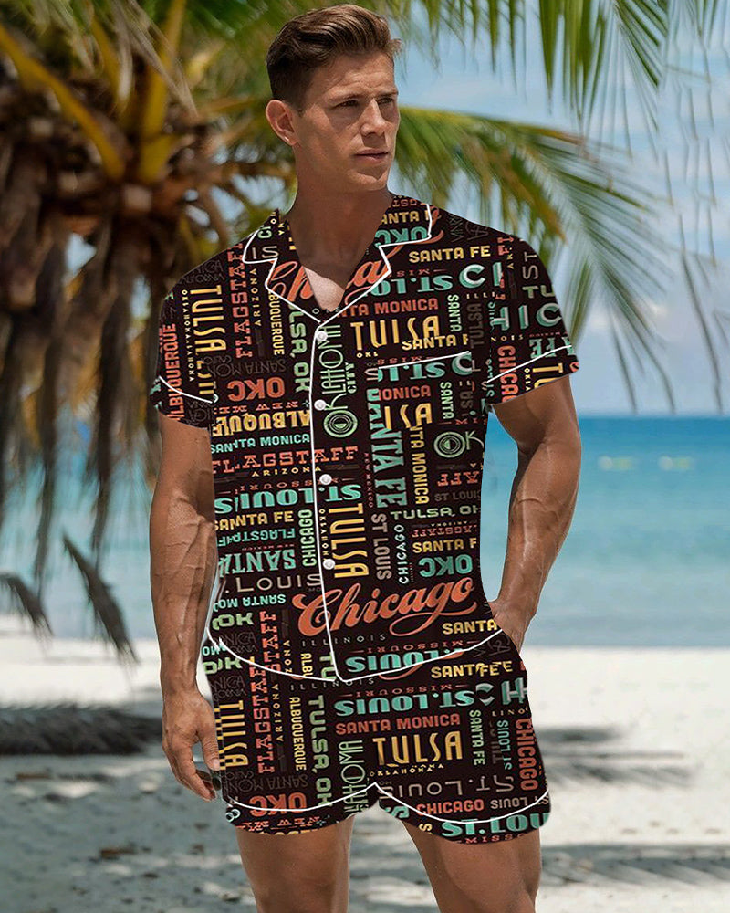 Men's retro graffiti cartoon satin pajama set with city names, short-sleeved top and shorts