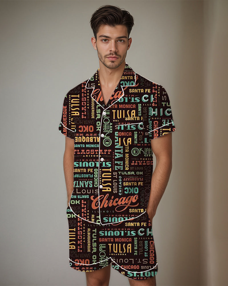 Men's satin pajama set with retro graffiti cartoon pattern, featuring city names
