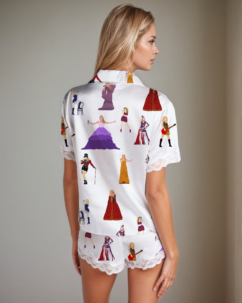 Women's white satin pajama set with women print, short sleeves, shorts, and lace trim