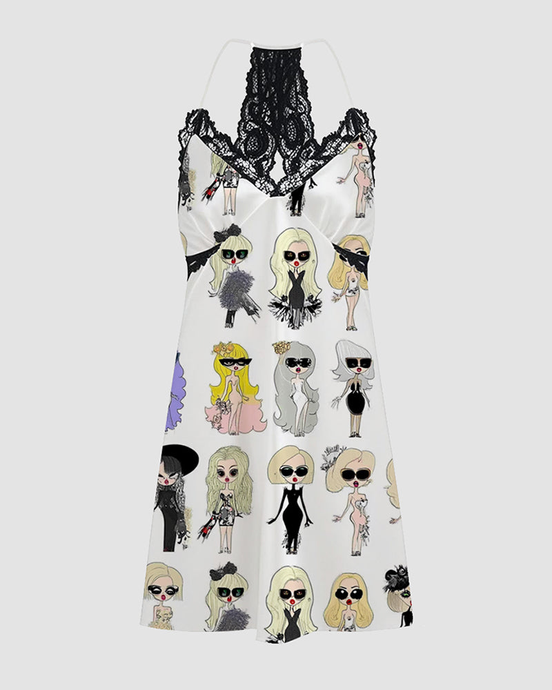 Women's white satin pajama dress with black lace trim and cartoon print, silk sleepwear