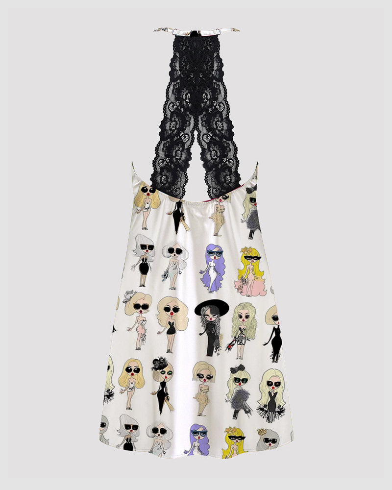 Women's white satin pajama dress with black lace back and cartoon print, silk sleepwear