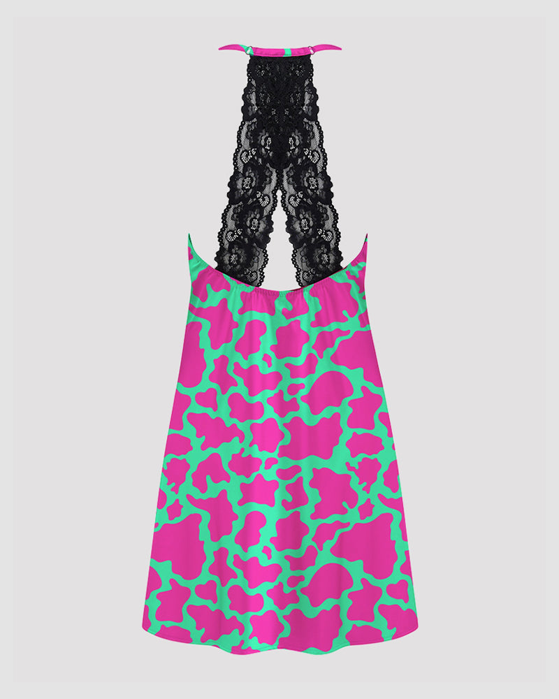 Pink and green cow print satin suspender pajama dress with black lace trim, comfortable sleepwear
