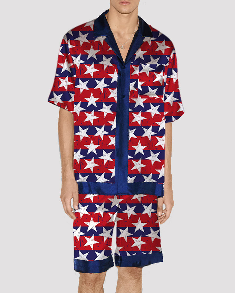 Men's star pattern satin pajama set, silk fabric, short-sleeved shirt and shorts with navy trim