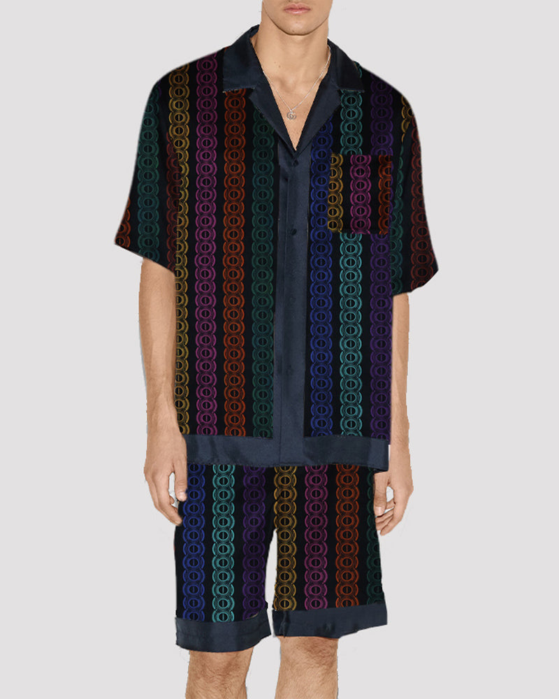 Men's circle pattern satin pajama set, silk fabric, short-sleeved shirt and shorts, navy trim