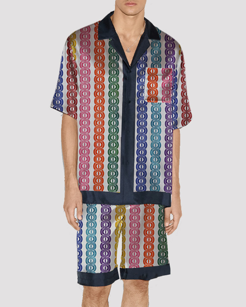 Men's colorful satin pajama set, silk fabric, short-sleeved shirt and shorts with navy trim