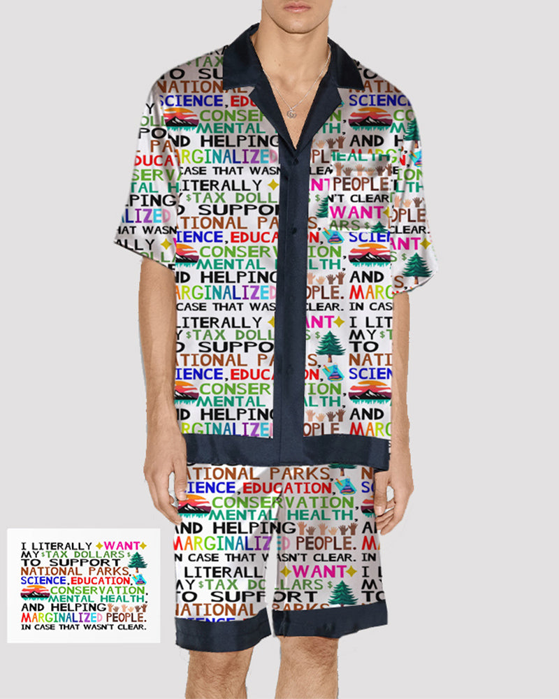 Men's cat print satin pajama set, silk fabric, navy trim, 'support national parks' text