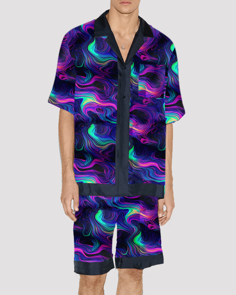 Men's abstract satin pajama set, silk fabric, short-sleeved shirt and shorts with black trim