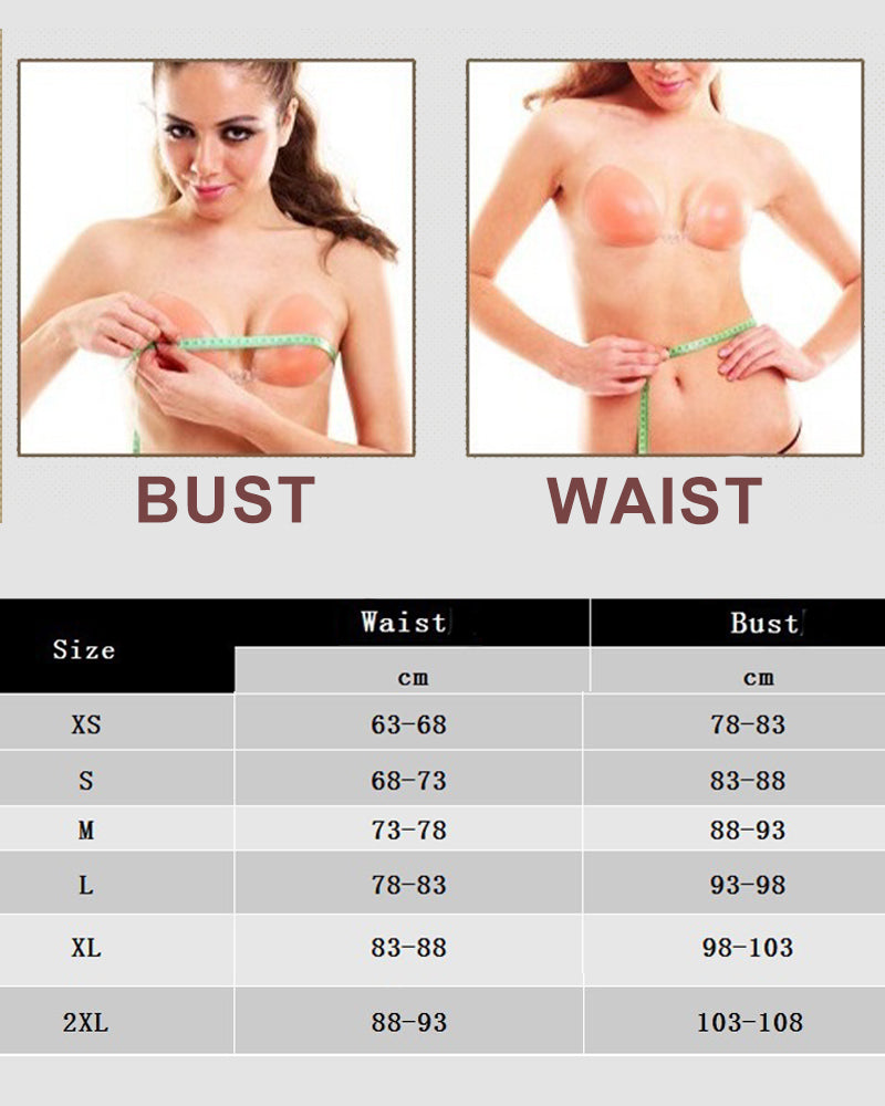 Corset size chart: XS-2XL sizes, bust and waist measurements. Women demonstrating measurements.