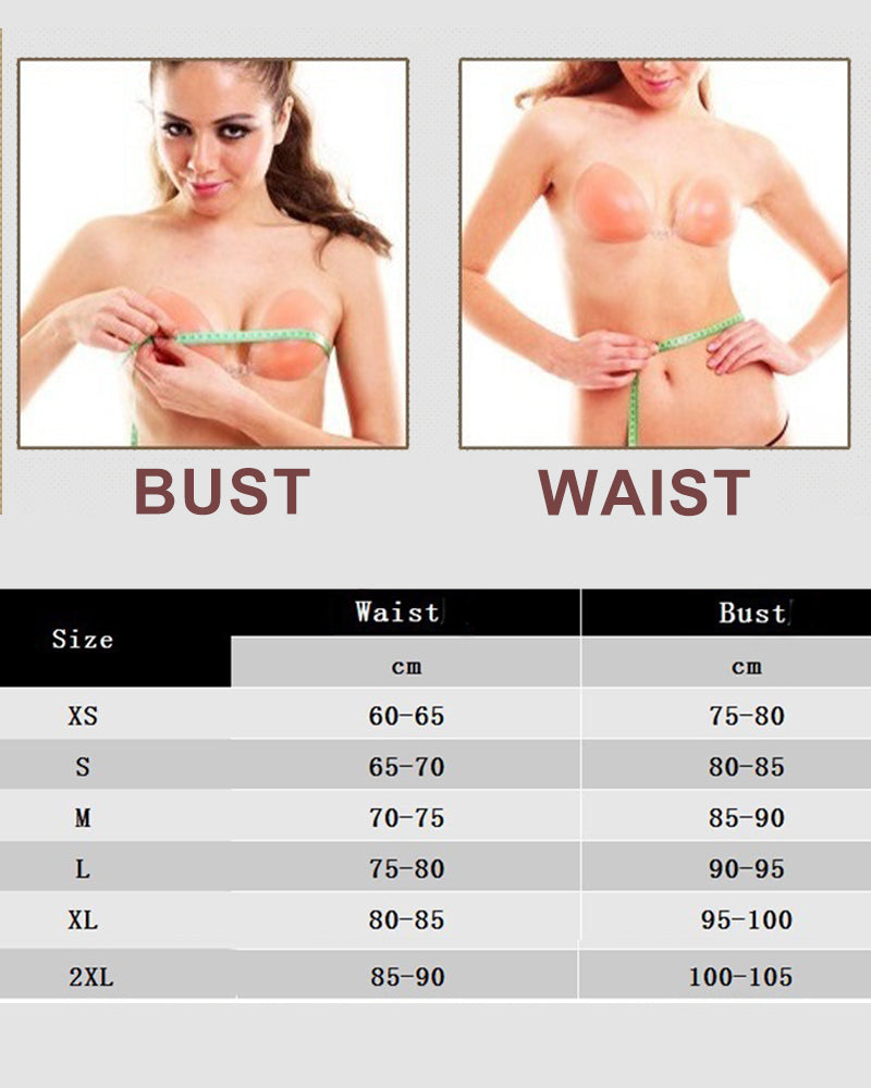 Corset size chart: bust and waist measurements in cm, with models demonstrating measurement.