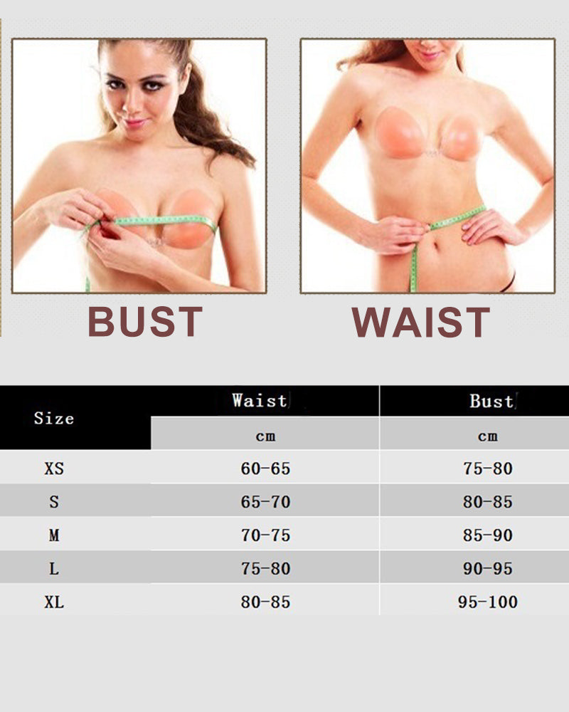 Lingerie size chart: bust and waist measurements in cm. Women demonstrating measurement.