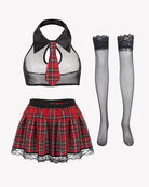 School girl lingerie set: red plaid skirt, black halter top, fishnet stockings, a sexy costume