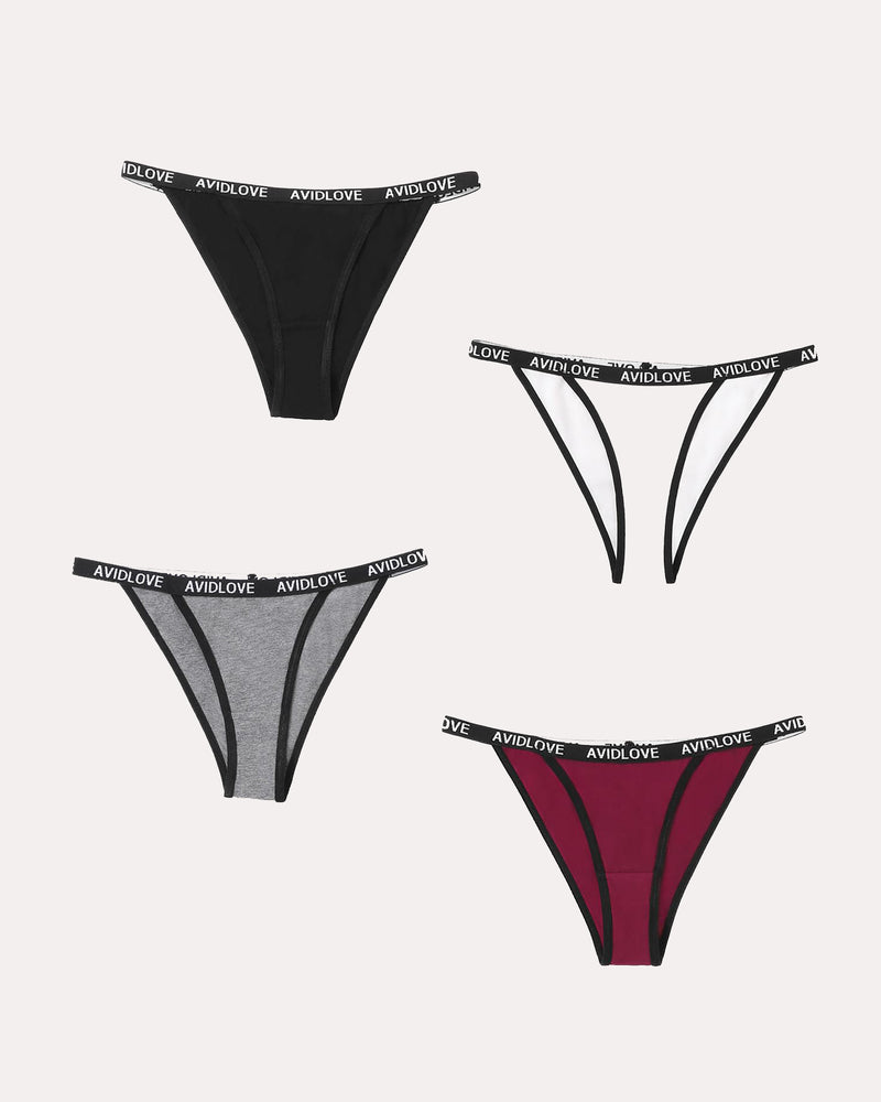 Avidlove cotton string panties 4-pack, black, white, grey, and burgundy, with logo waistband.