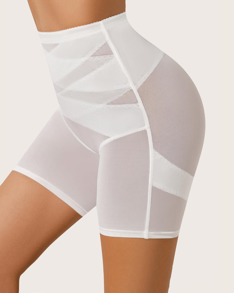 White high-waisted shapewear shorts with butt lift and tummy control, smoothing silhouette
